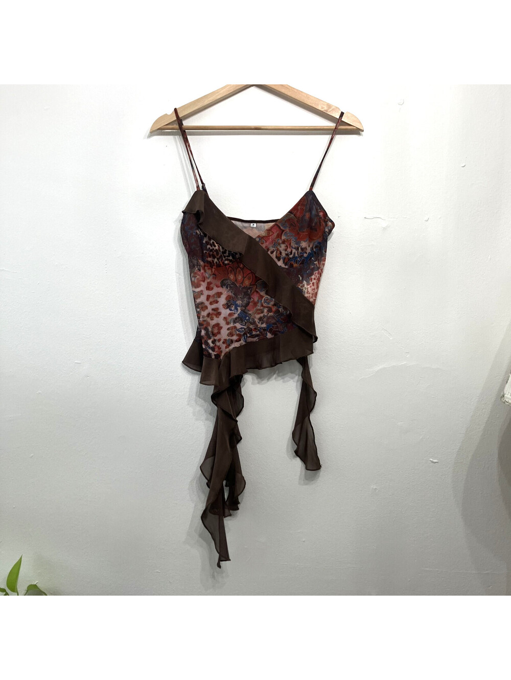 Y2K Abstract Floral Cheetah Sheer Mesh Flowy Cami 3D Asymmetric Streamer Medium